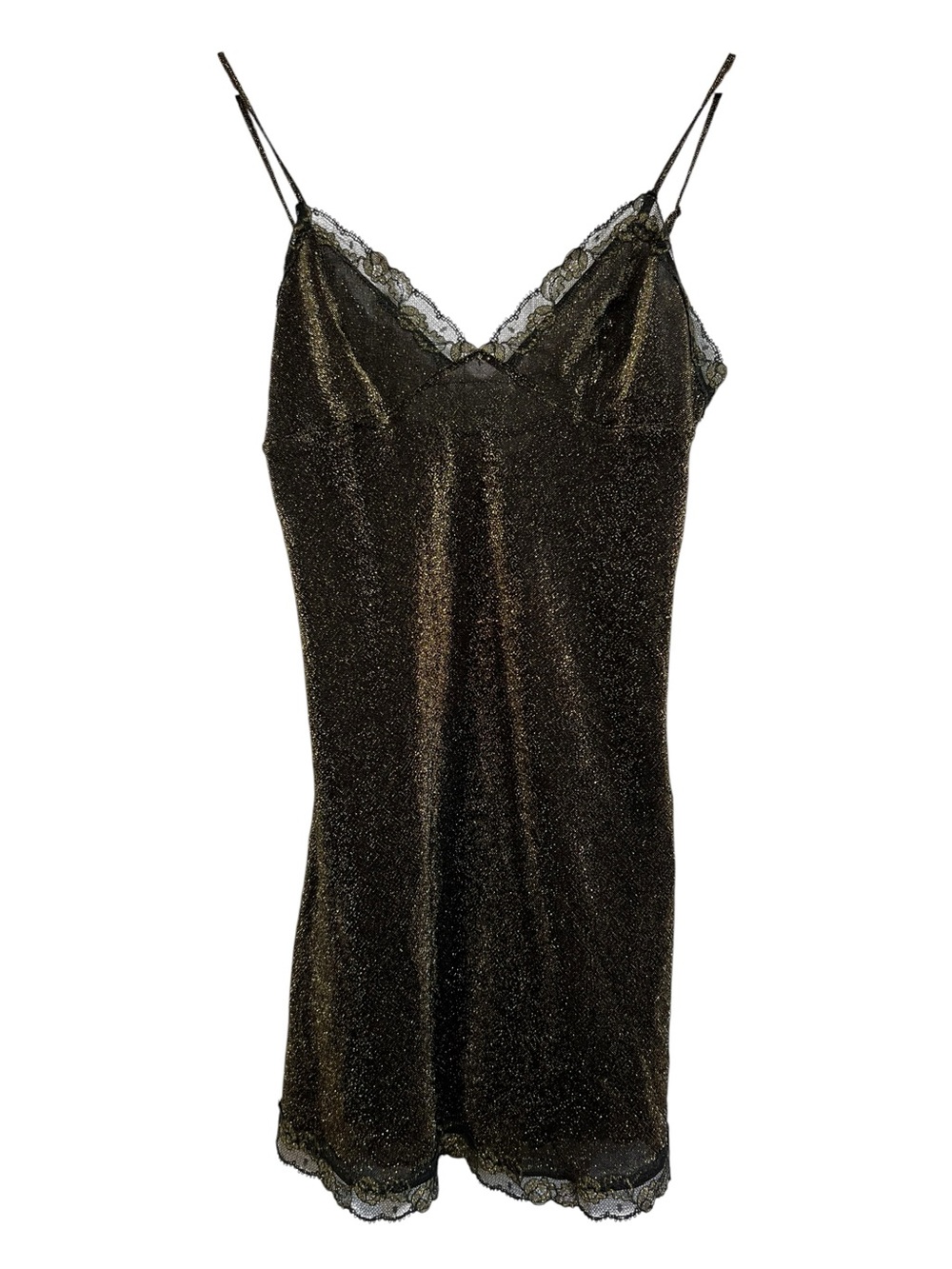Y2K Victoria’s Secret Metallic Gold & Black Lace-Trim Slip Dress Small
